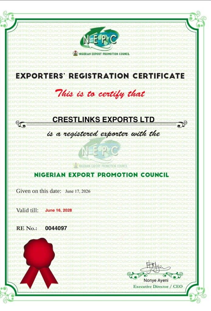 Official Exporters Registration Certificate issued to CrestLinks Exports Ltd by the Nigerian Export Promotion Council